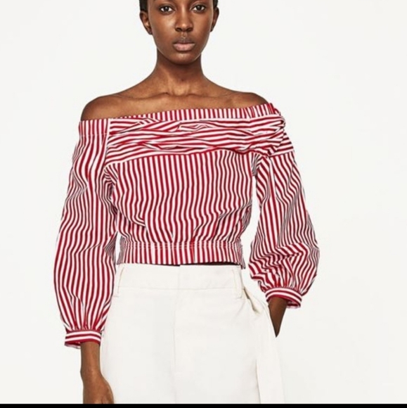 Zara Basic Red and White Striped Off Shoulder Top - Picture 2 of 4